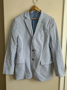 Stafford Seersucker Sport Coat Blue White Pin Stripe Blazer Size 42L Classic Fit